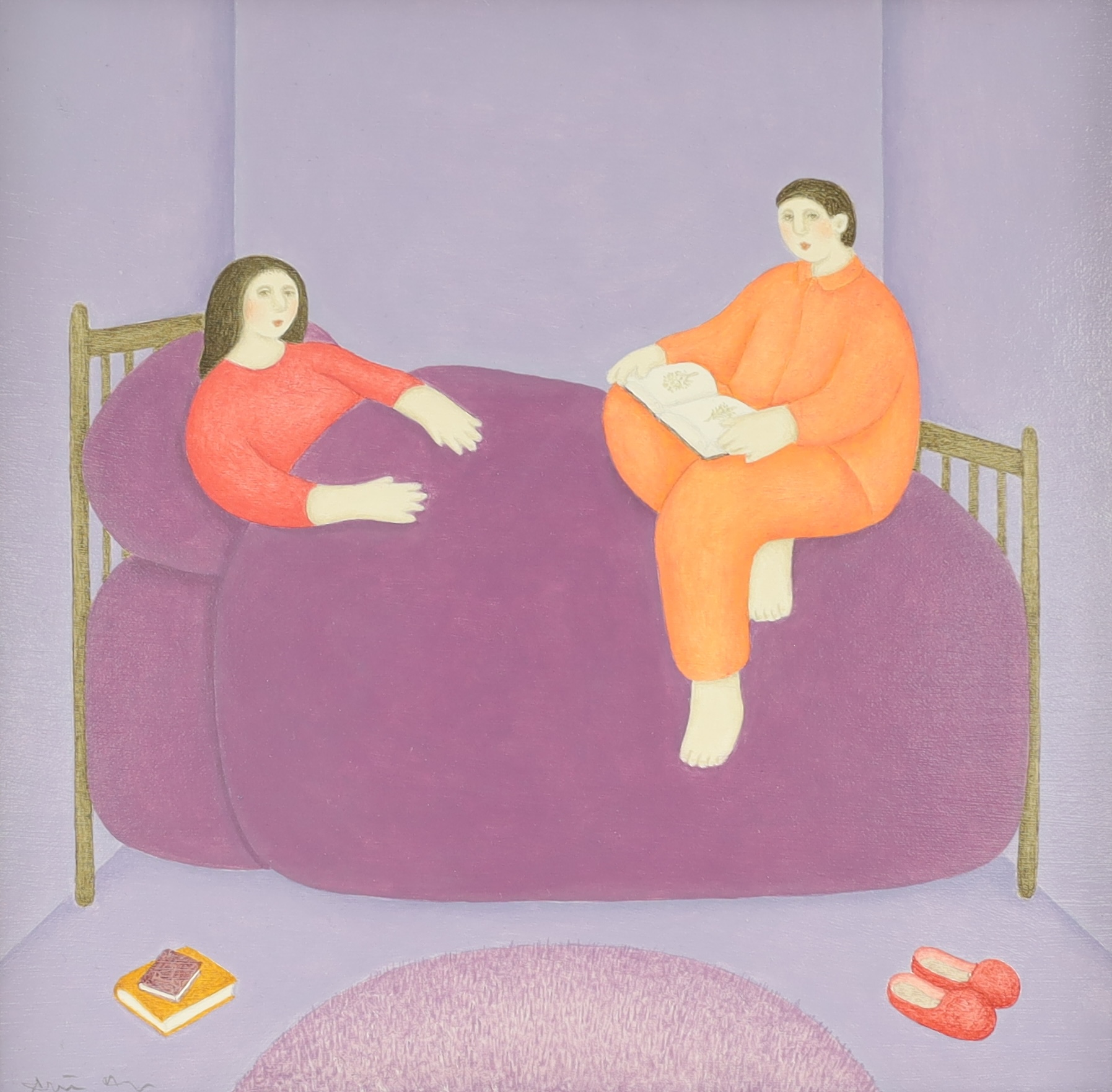 Aliisa Hyslop (b.1957), contemporary acrylic on board, ‘Book at bedtime’, signed, inscribed verso, 24 x 24cm